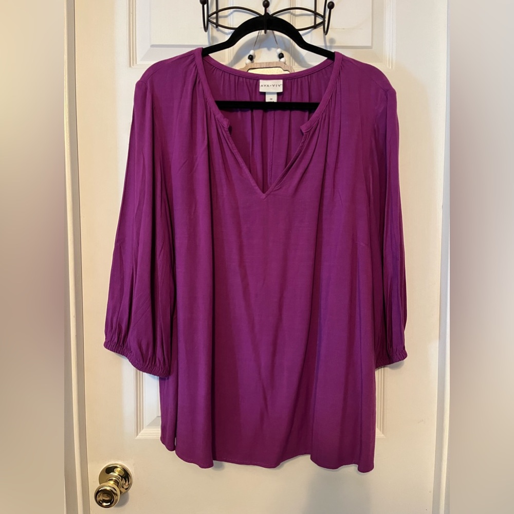 AVA & VIV Flowy, V-Neck Top, 3/4 Length Sleeves, Eggplant Color, EUC